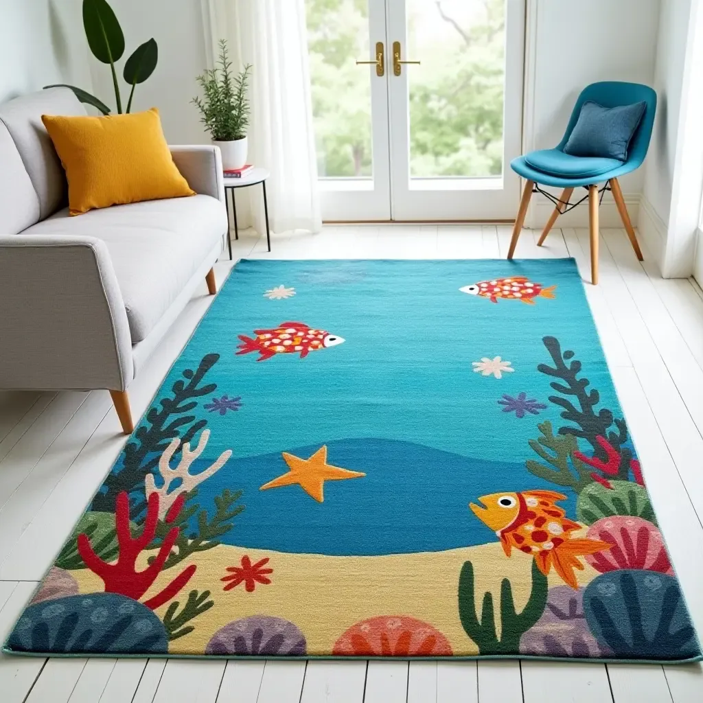 a photo of a whimsical underwater-themed rug for kids