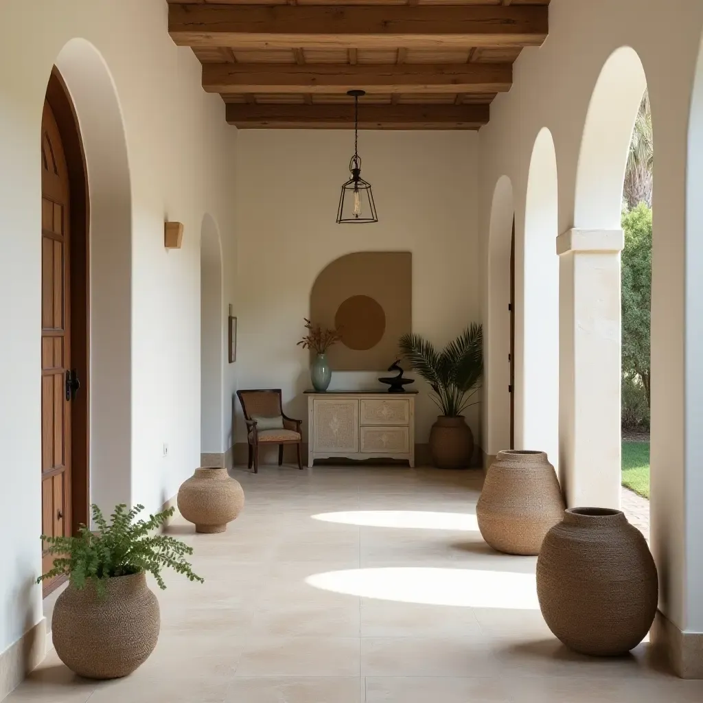 a photo of a corridor showcasing unique decor items and Mediterranean influences