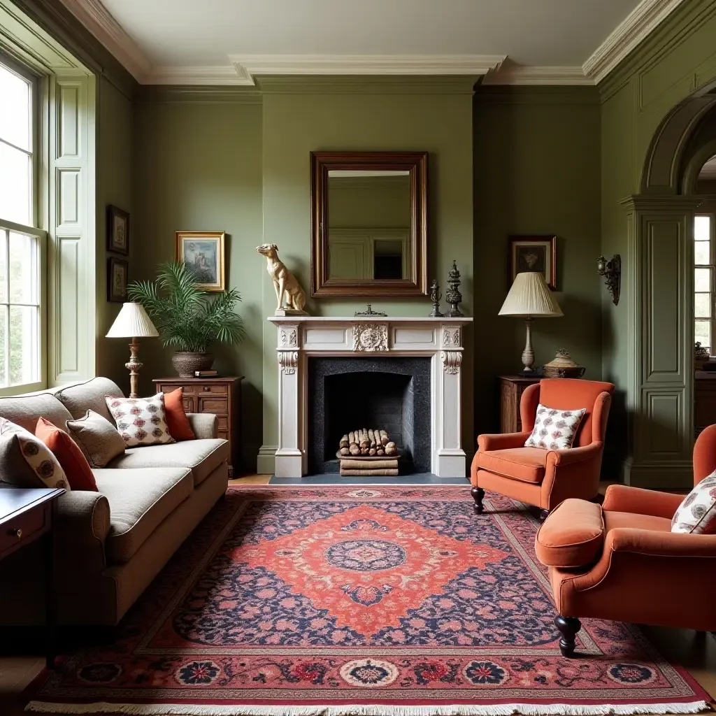 a photo of a vibrant colonial rug complementing classic wooden furniture in a living room