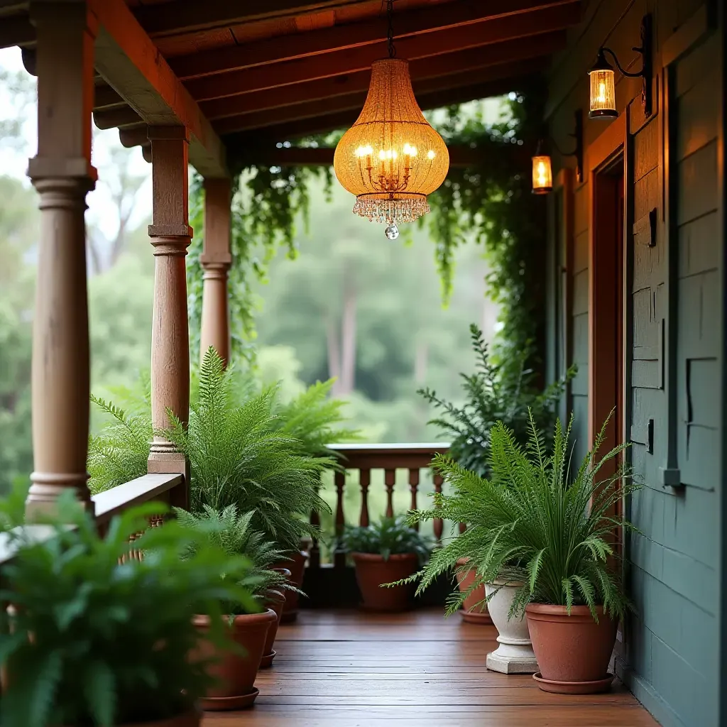 a photo of a balcony featuring a vintage chandelier and potted ferns