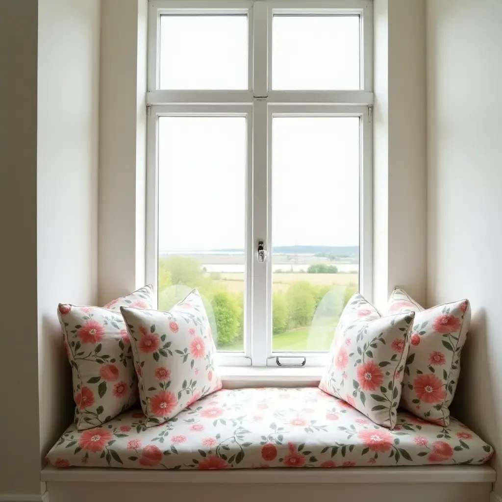 a photo of a charming window seat with floral cushions