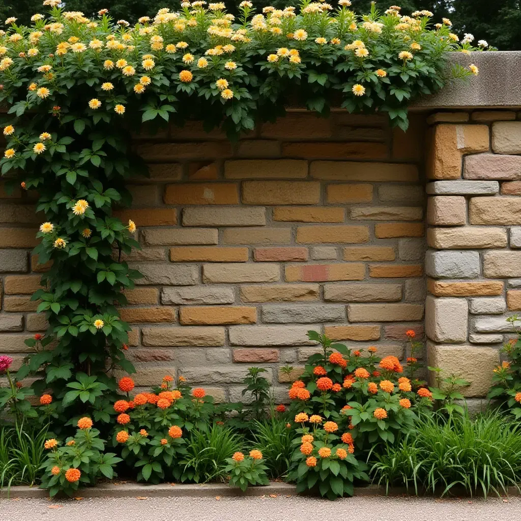 a photo of a rustic stone wall adorned with colorful flowers