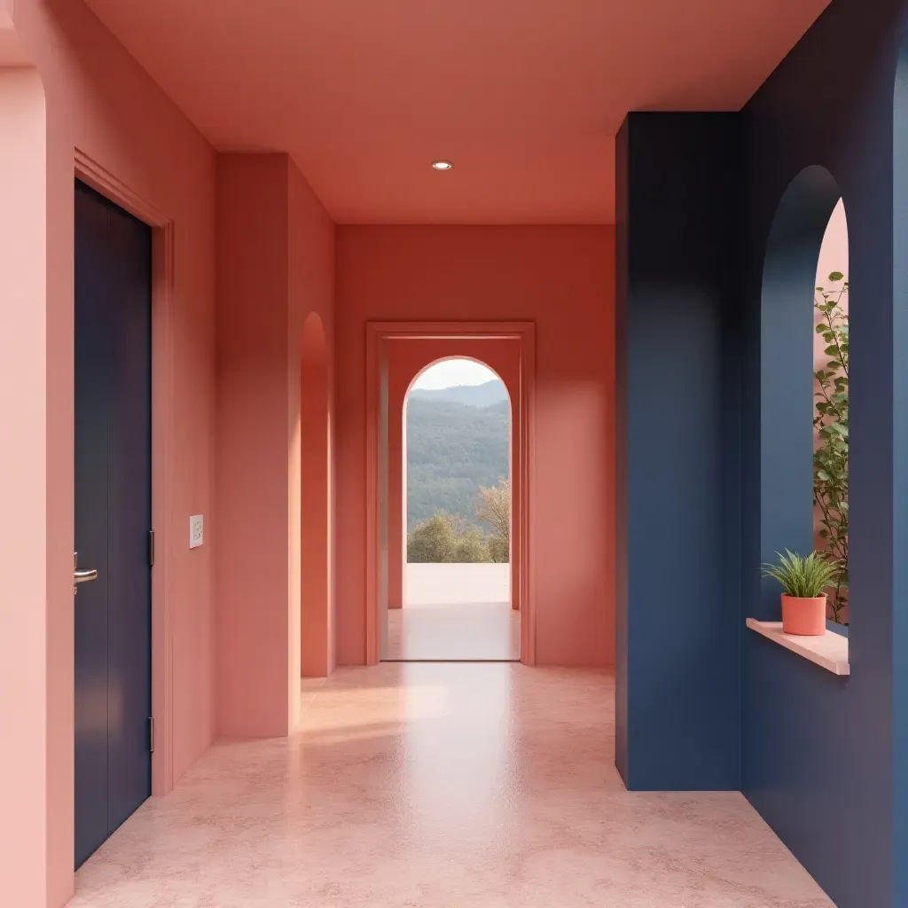 a photo of a coral pink and deep navy blue hallway