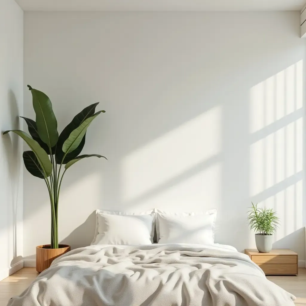 a photo of a minimalist bedroom with a single large plant