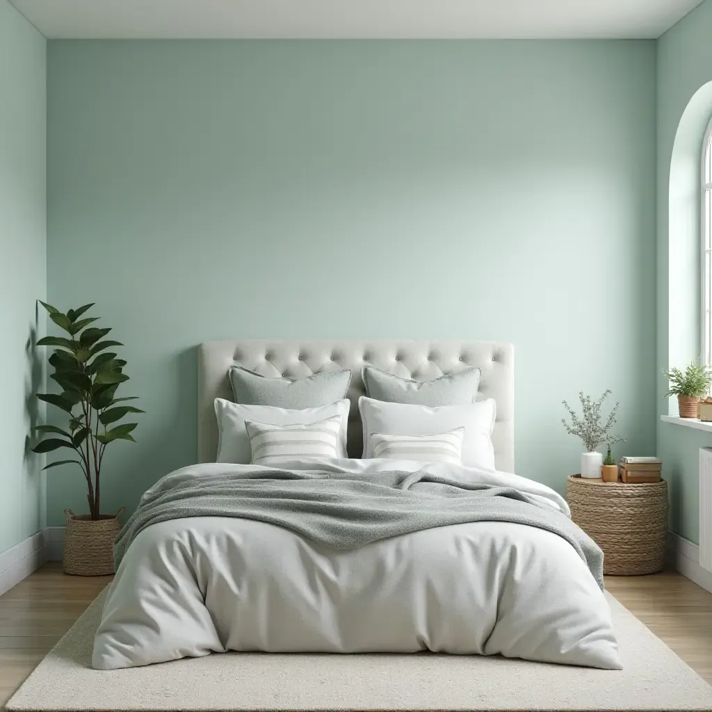 a photo of a serene aqua and soft gray bedroom with calming decor