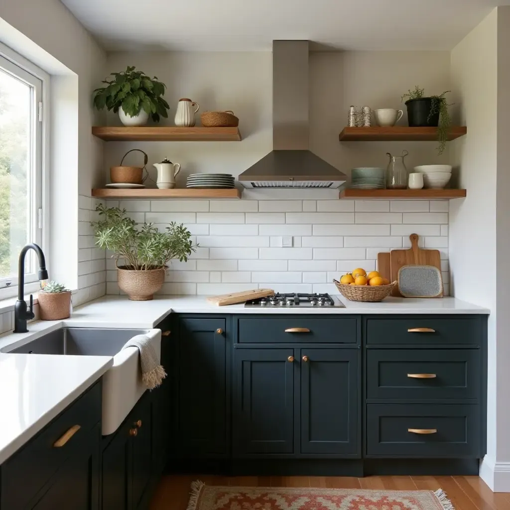 a photo of a cozy kitchen with chalkboard paint on cabinets and stylish open shelving