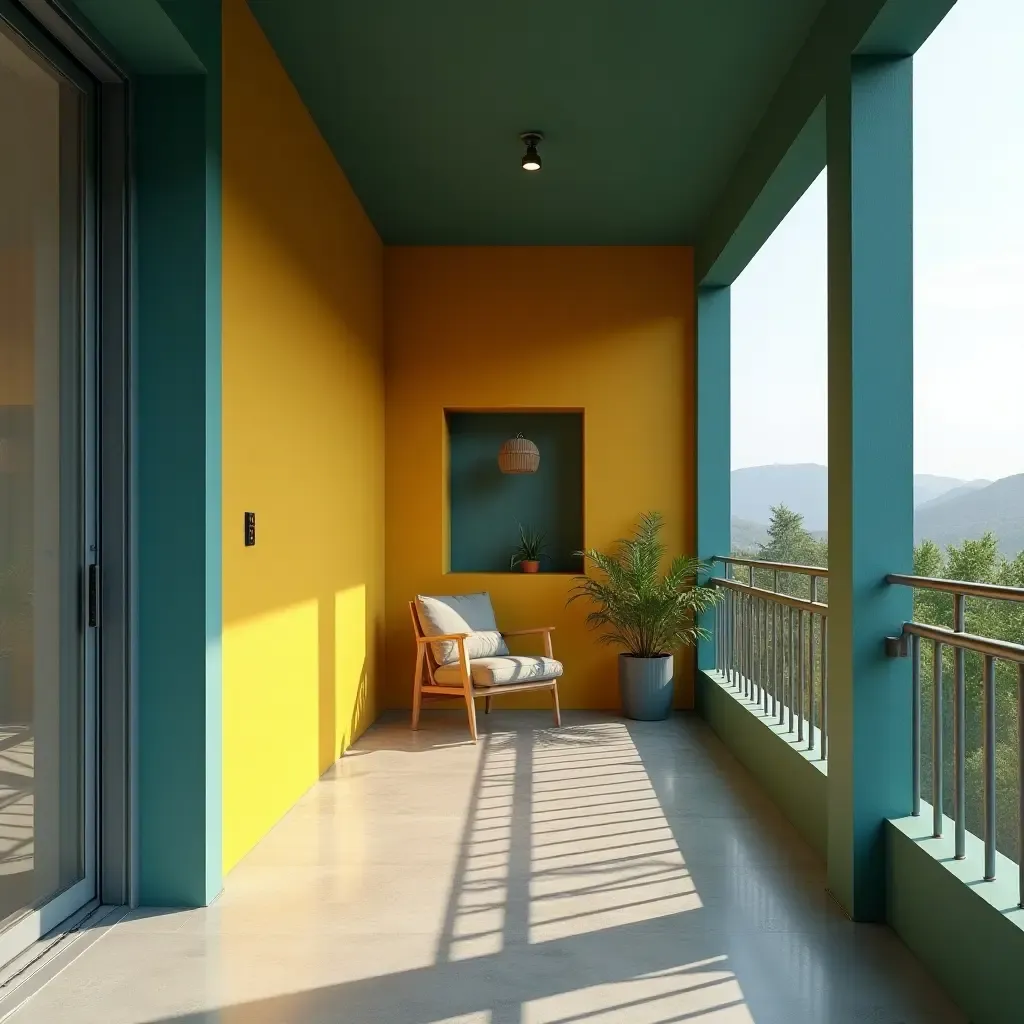 a photo of a modern balcony with cool teal and warm mustard yellow