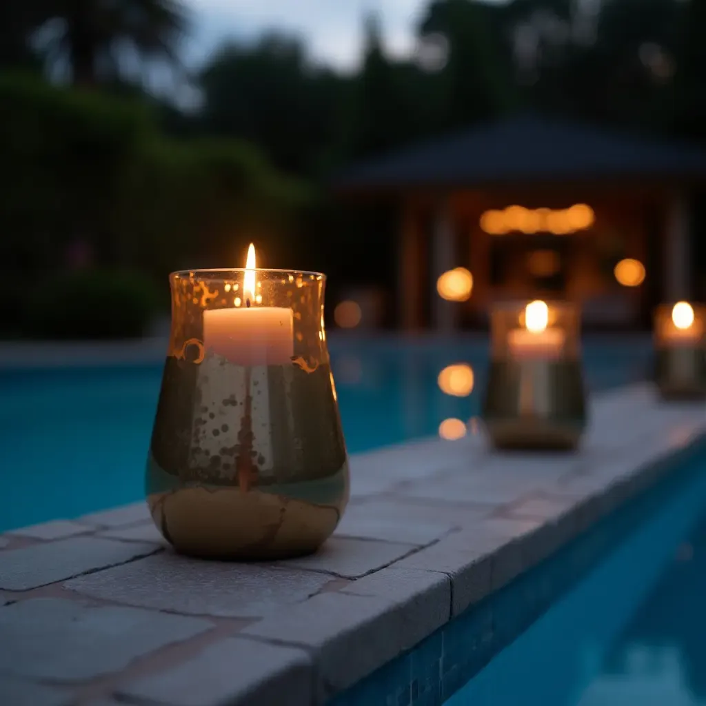 a photo of a serene evening pool area with metallic candle holders and lights