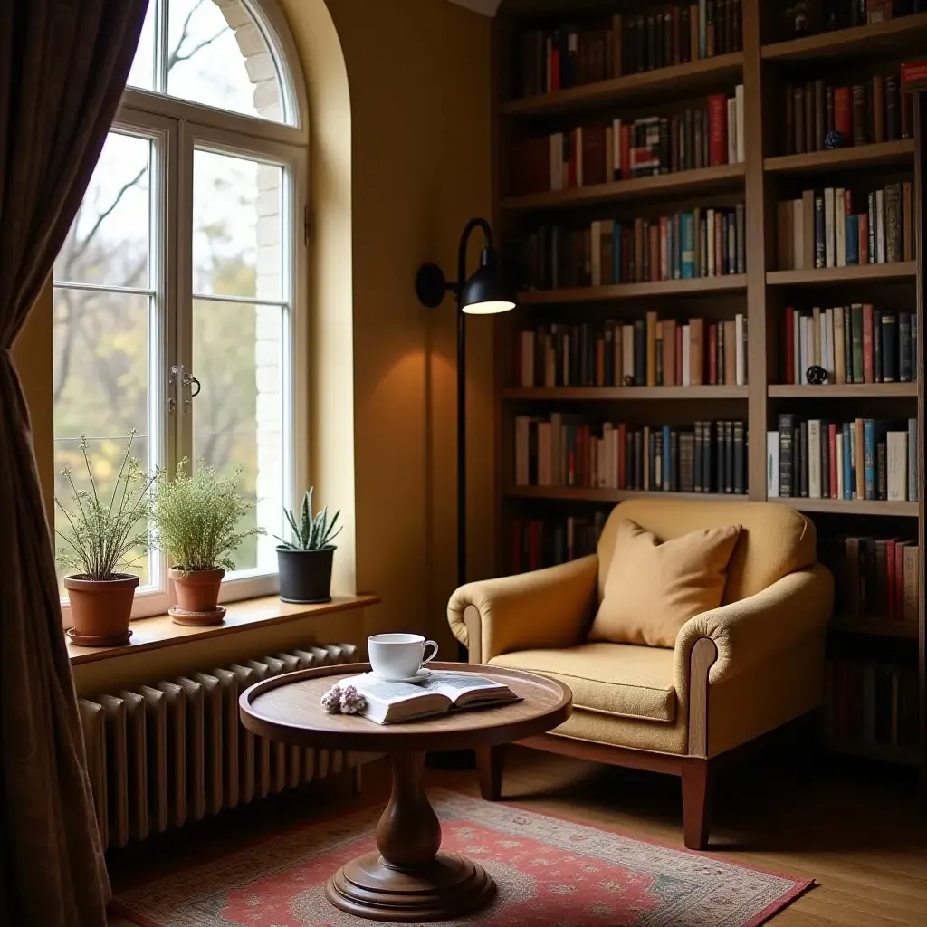 a photo of a reading nook with a small table for tea and snacks