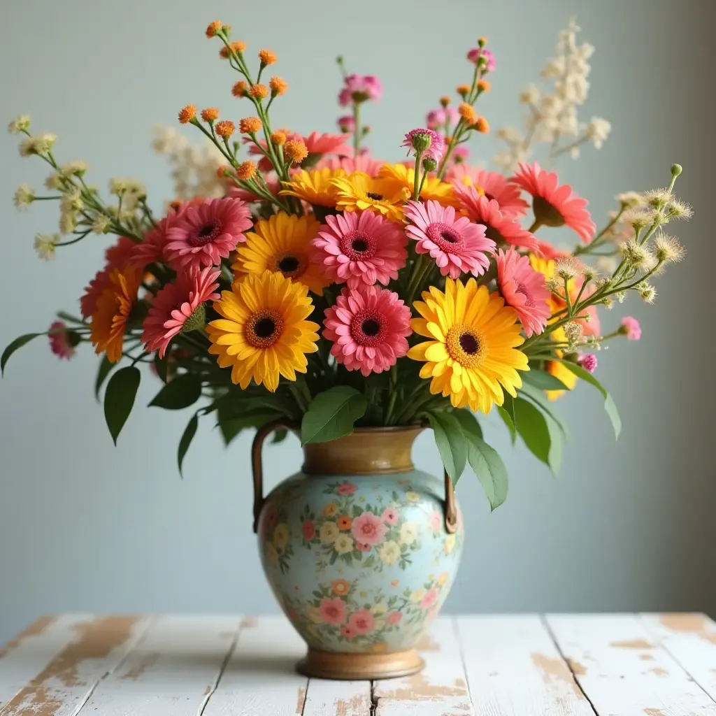 a photo of a colorful floral arrangement in a vintage vase