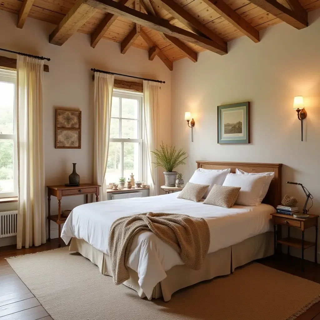 a photo of a charming bedroom with a blend of bright colors and rustic accessories