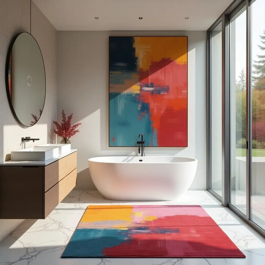 a photo of a vibrant abstract art rug in a contemporary bathroom