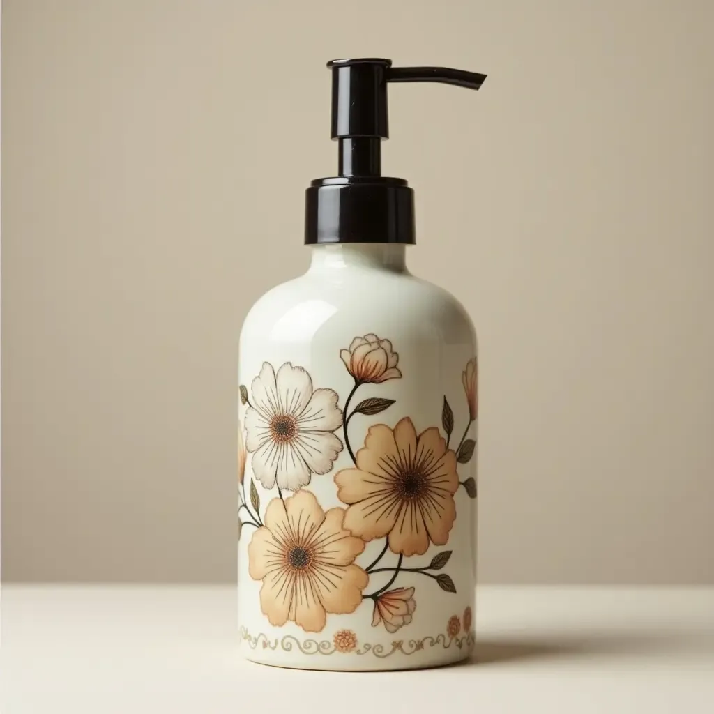 a photo of a vintage-style soap dispenser with floral motifs