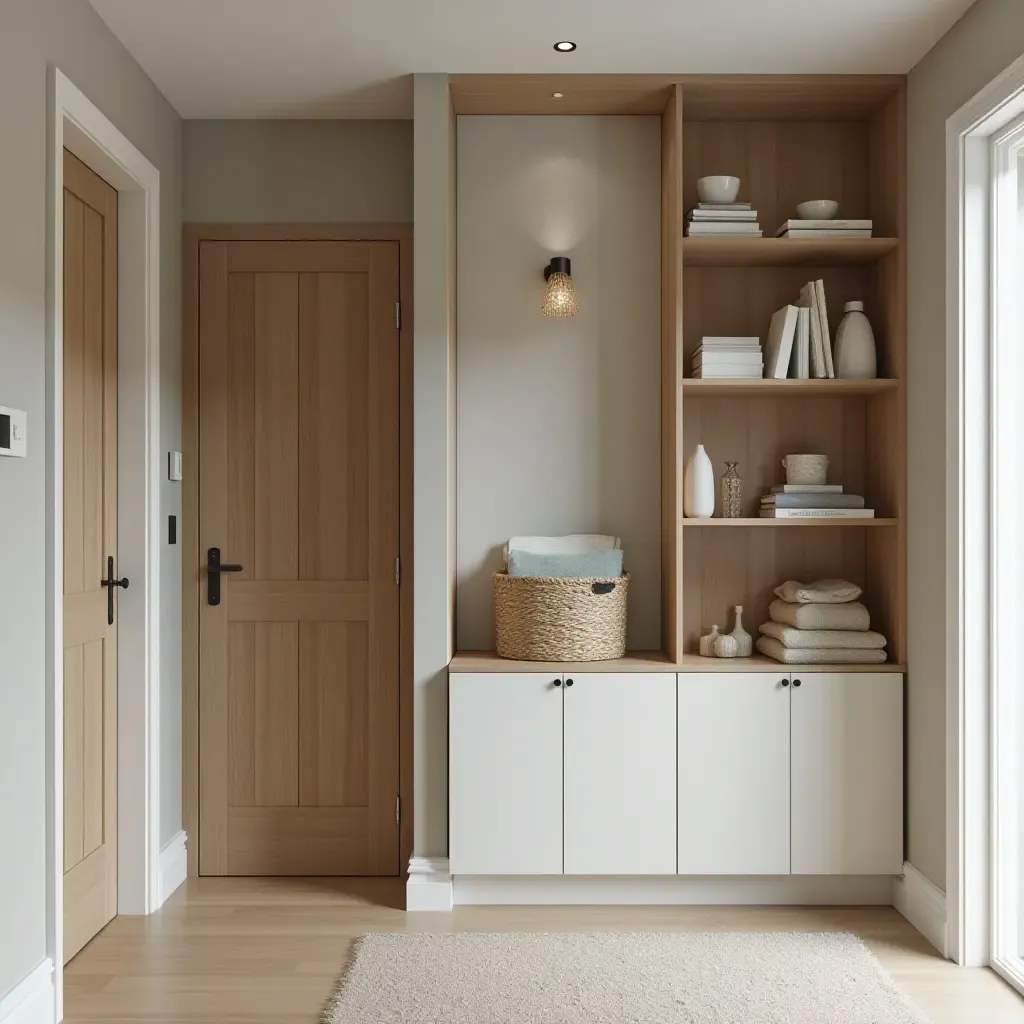 a photo of a compact entrance hall with vertical shelving and smart storage solutions