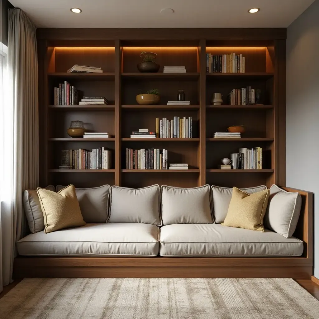 a photo of a serene basement reading nook with bookshelves and soft cushions