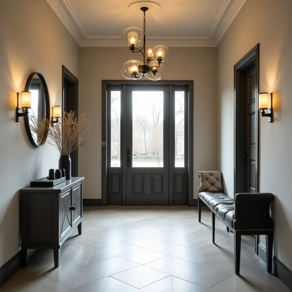 a photo of a chic entrance hall with industrial-style pendant lights