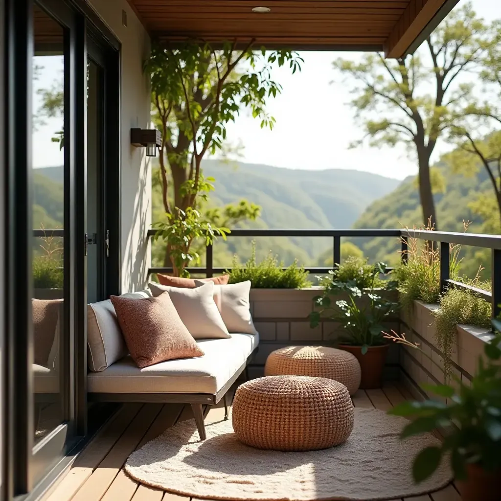 a photo of a balcony with throw pillows creating a cozy nook