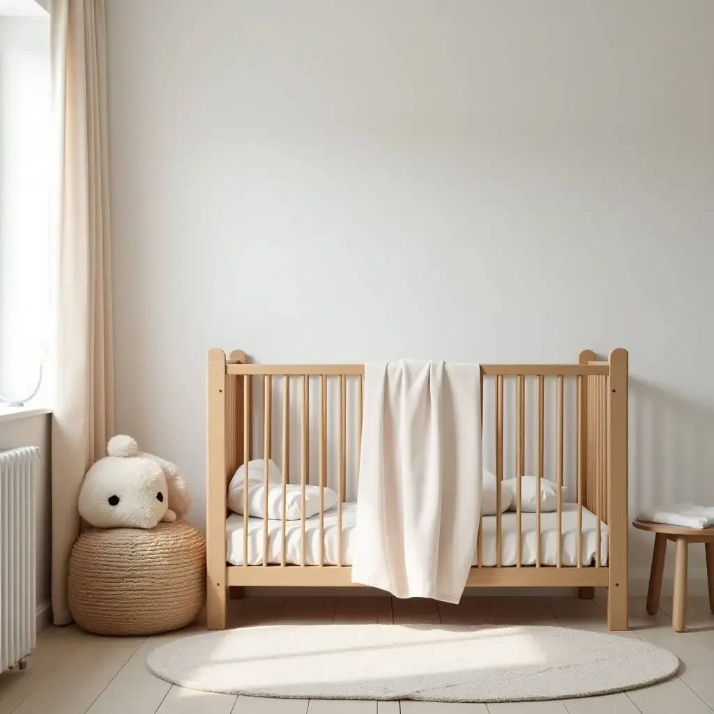 a photo of a serene kids&#x27; bedroom with a wooden crib and soft bedding