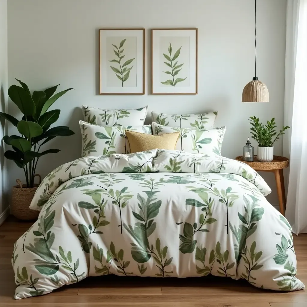 a photo of a bedroom with a plant-themed bedspread and pillows