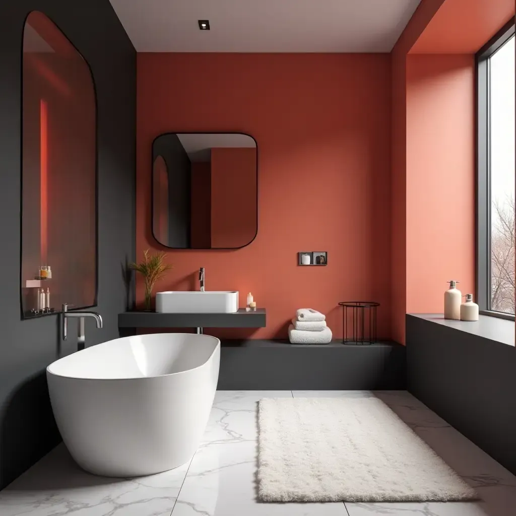 a photo of a sleek monochrome bathroom with pops of bright color