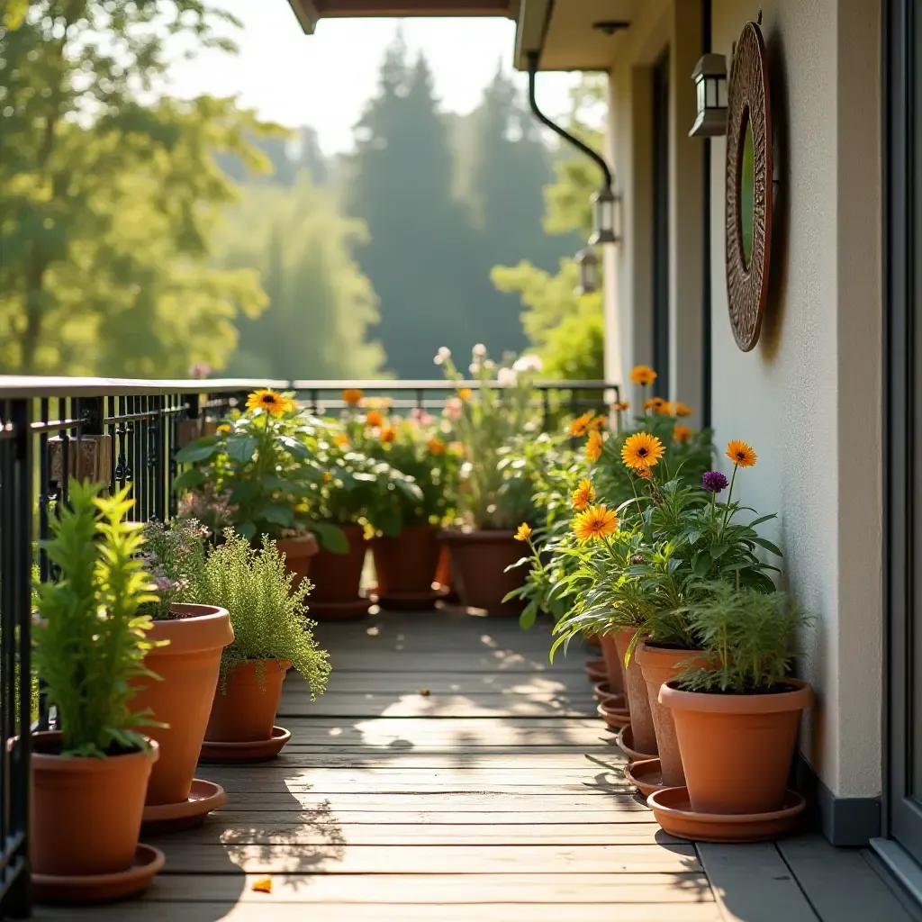 a photo of a sunny balcony with organized plant pots and decorative storage