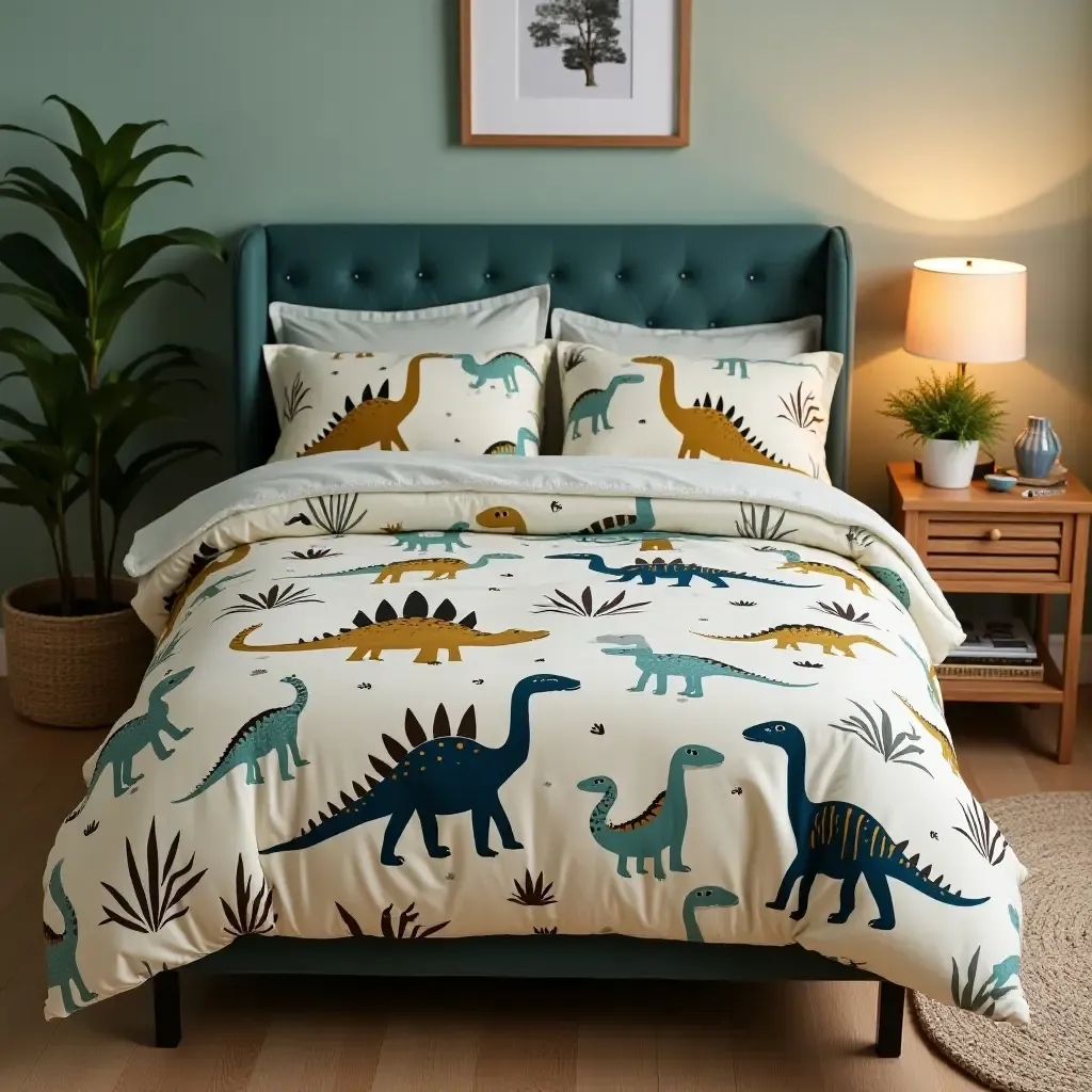 a photo of a fun dinosaur-themed bedding set