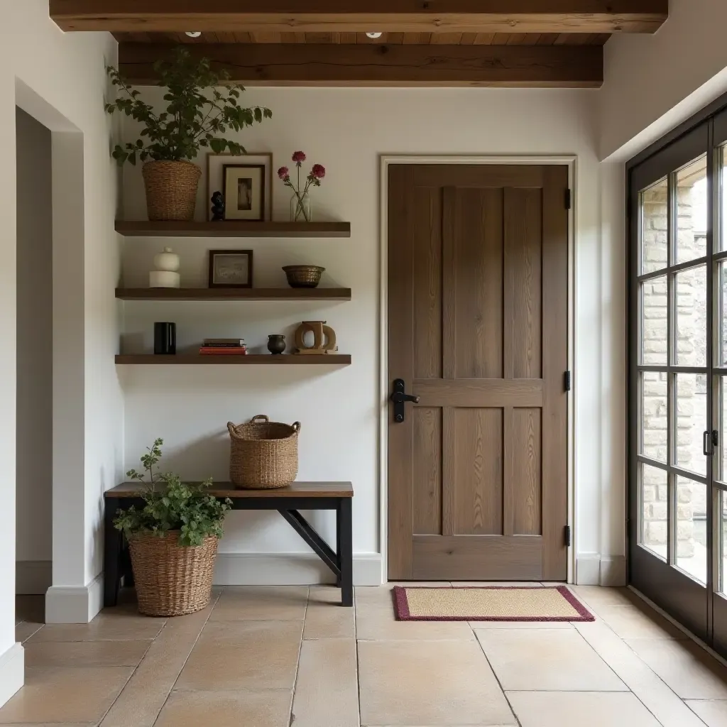 a photo of a rustic entrance hall with wooden shelving and vintage decor