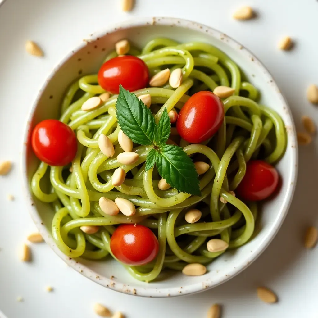 a photo of fresh pasta with pesto sauce, cherry tomatoes, and pine nuts.