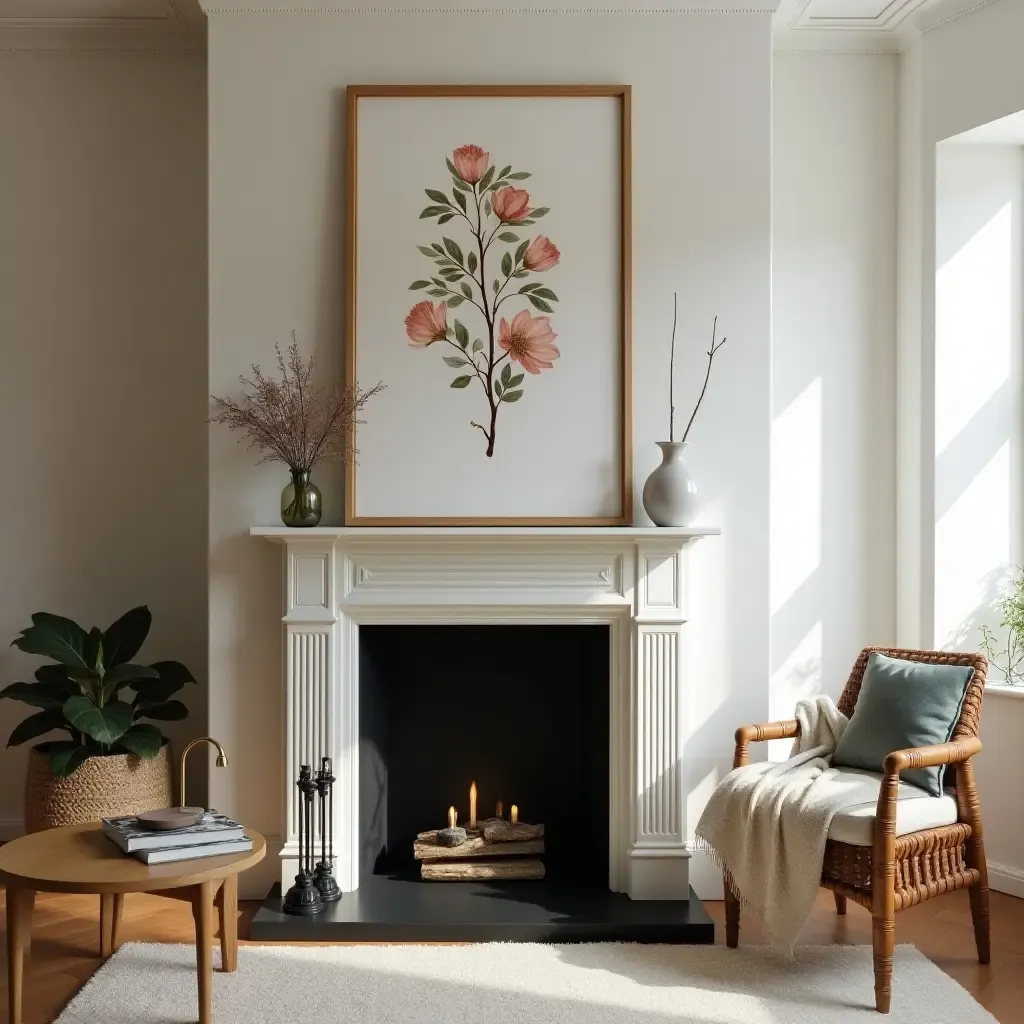 a photo of a quaint space with a fireplace and botanical prints