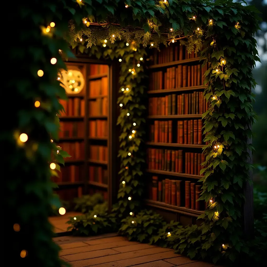 a photo of a library wall covered in ivy and fairy lights