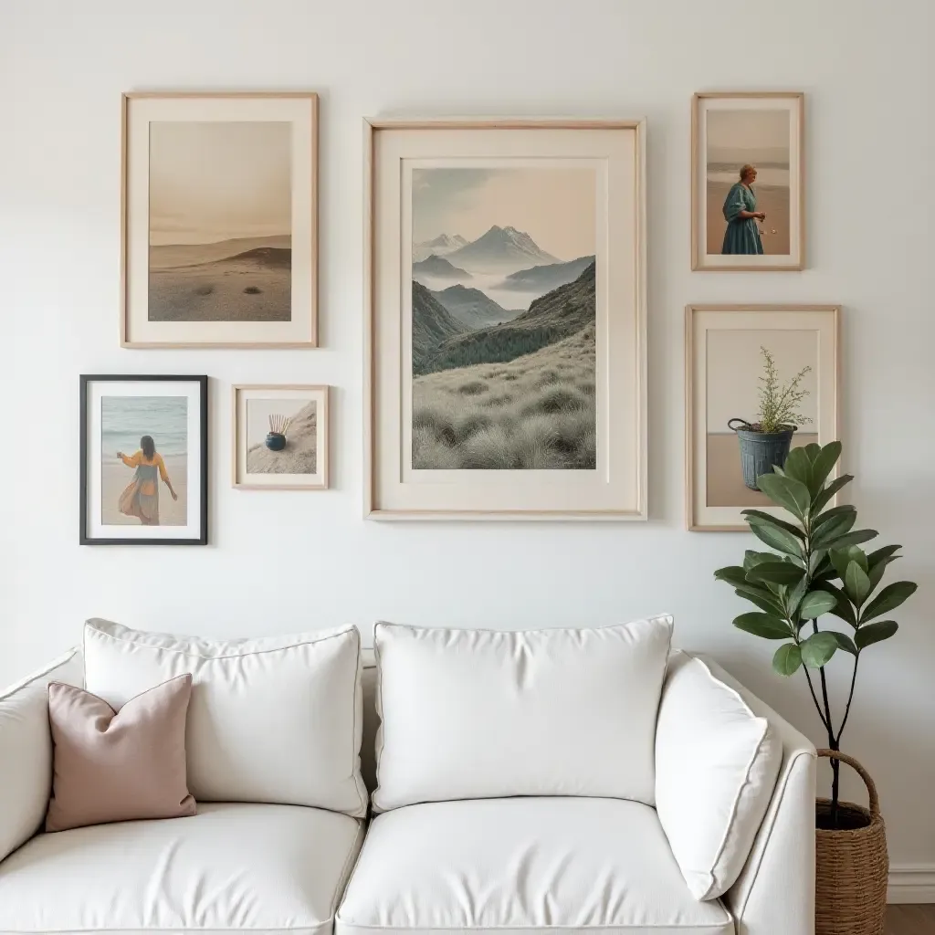 a photo of a gallery wall featuring mixed media art and photographs