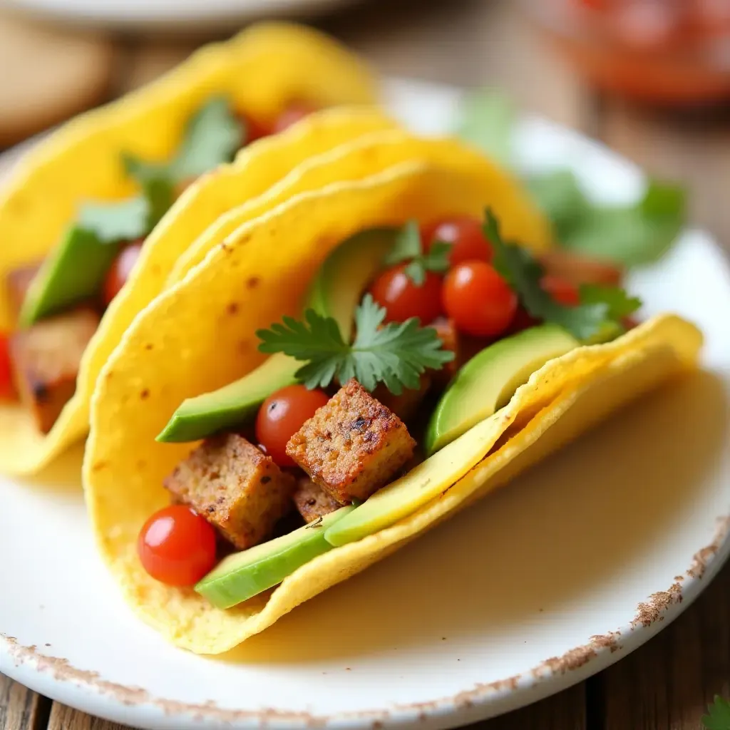 a photo of tofu tacos with avocado and salsa in a tortilla.