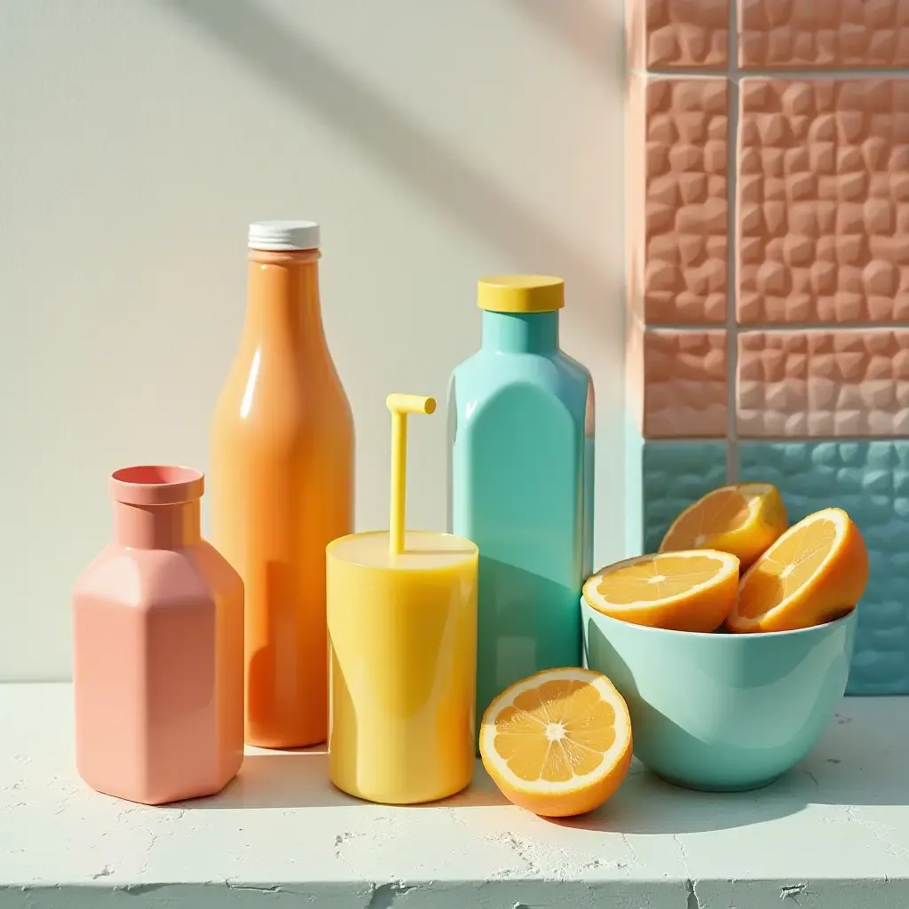 a photo of a playful poolside shelf with colorful drinkware