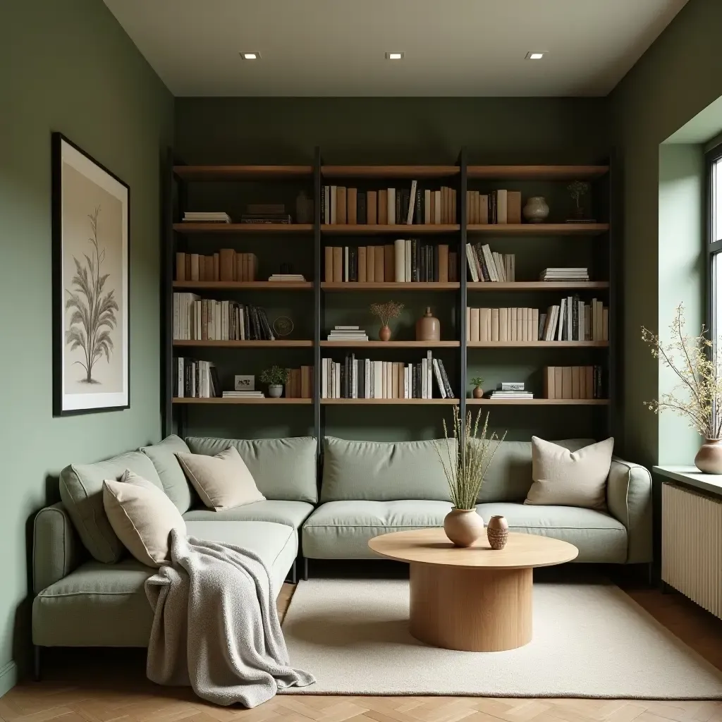 a photo of a peaceful sage green and beige library with soft textiles