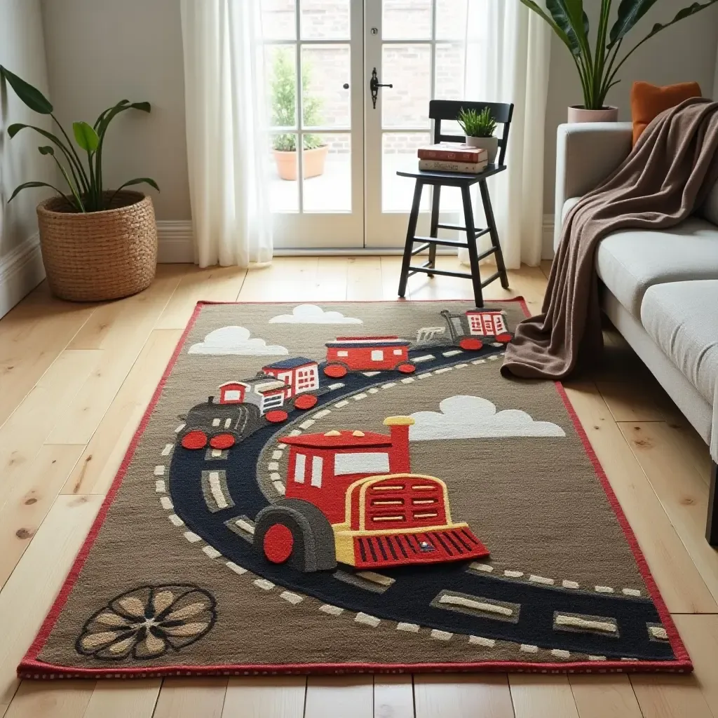 a photo of a rug with a whimsical train design for adventurous journeys