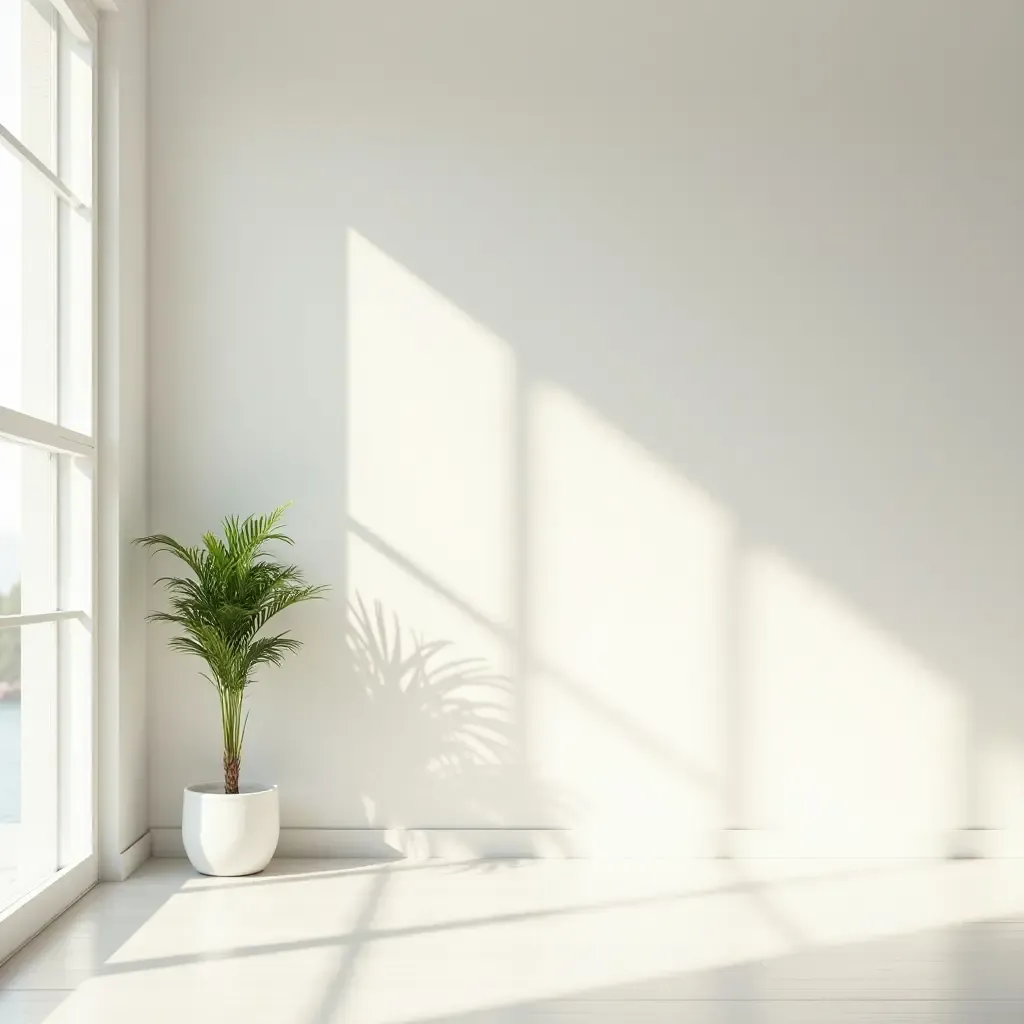 a photo of a bright room with a palm tree corner