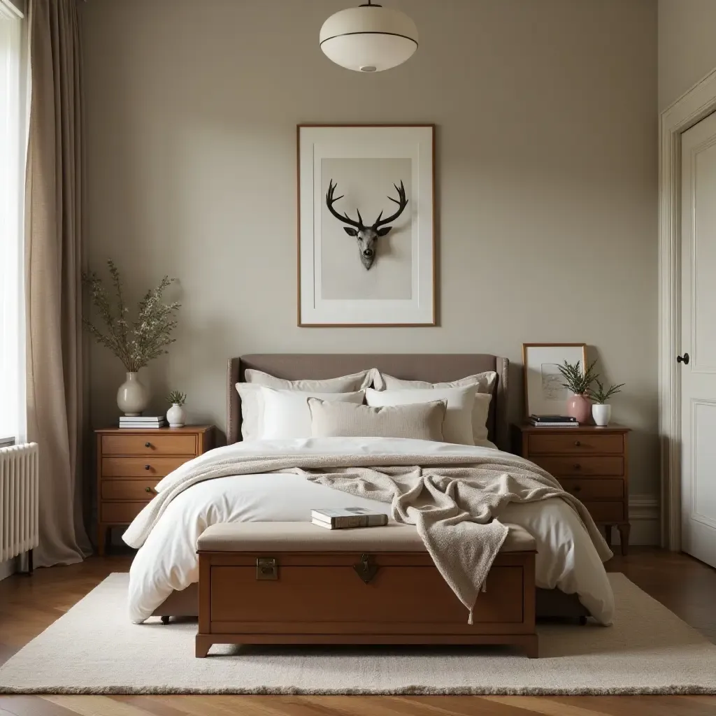 a photo of a vintage-inspired bedroom with a storage chest