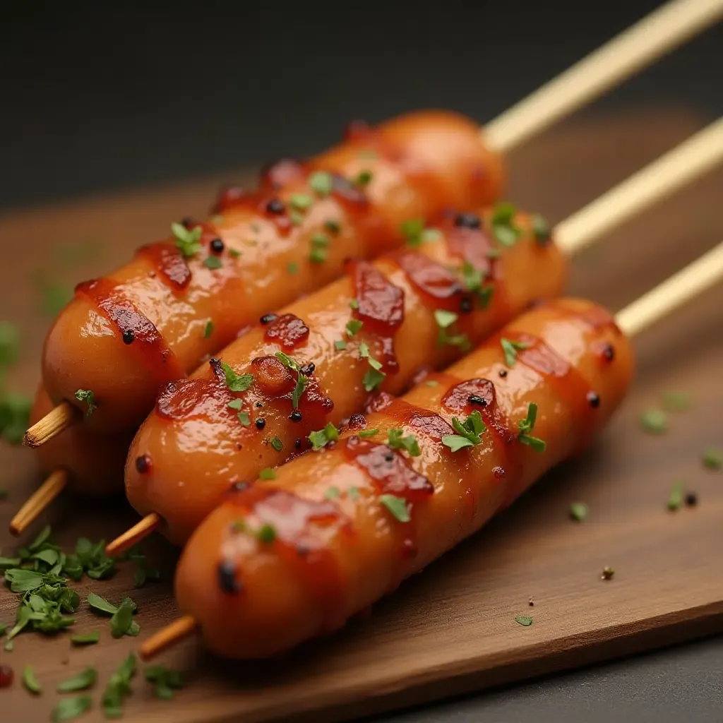 a photo of Sai Krok Isan, fermented Thai sausage with herbs, grilled and served on a stick.