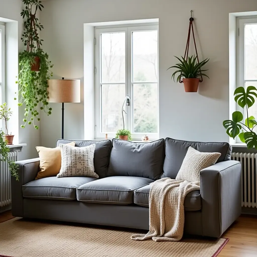 a photo of a grey sofa in a bohemian-style living room with hanging plants