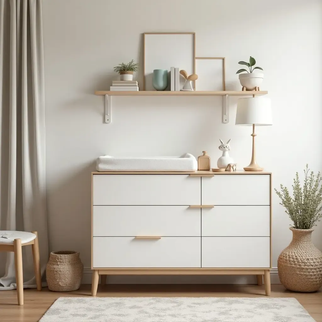 a photo of a nursery with a multifunctional changing table and storage