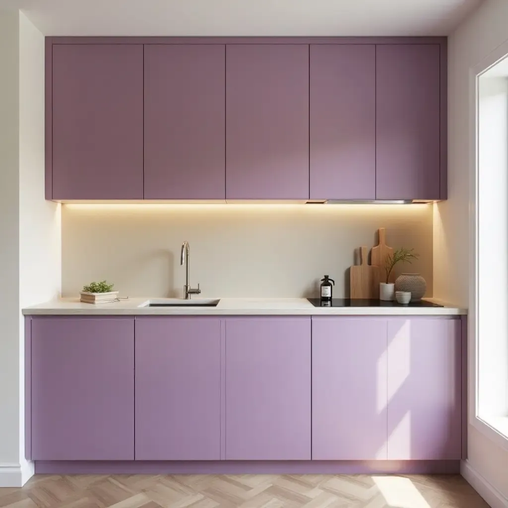 a photo of bright violet and soft beige cabinets in a stylish setup