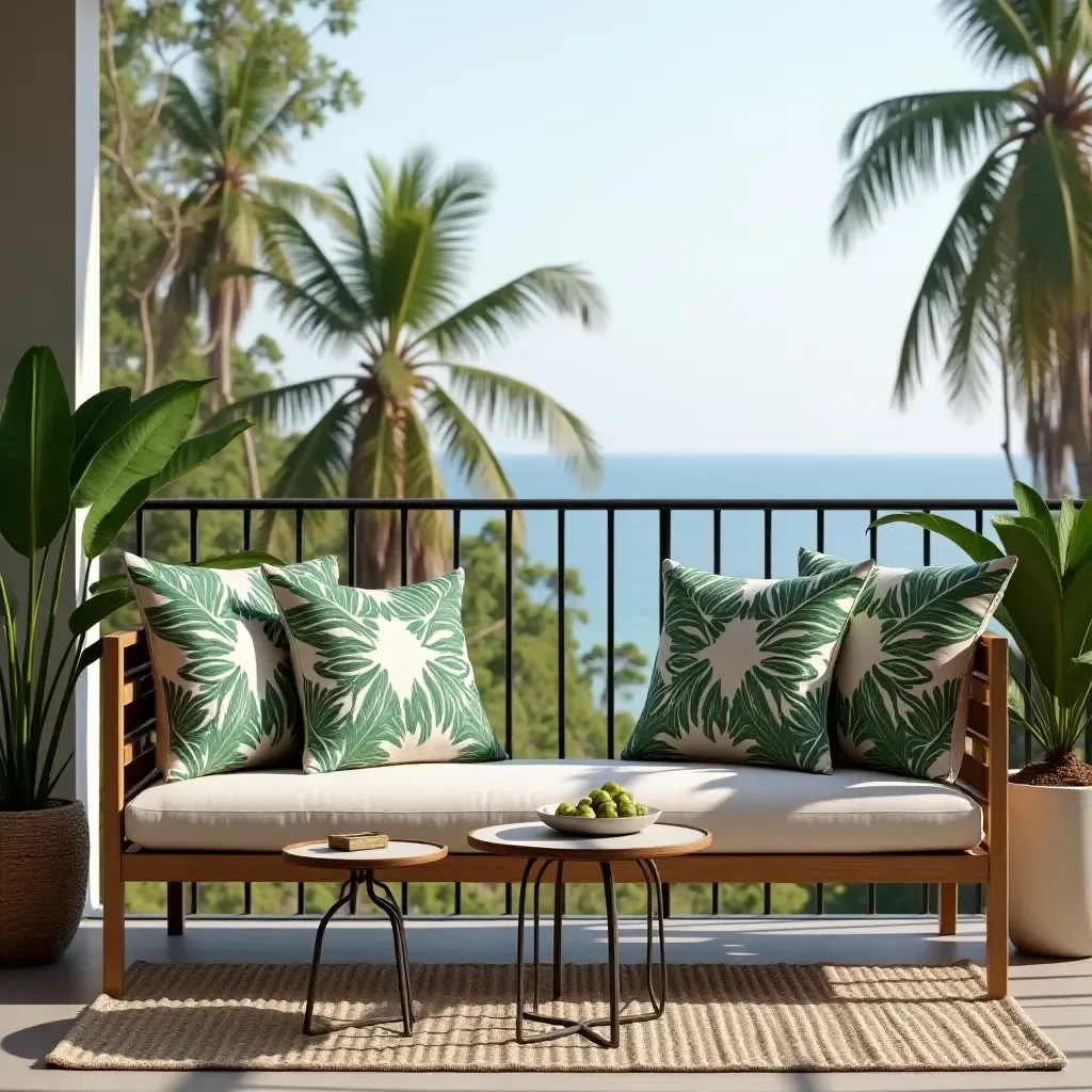 a photo of a tropical balcony with palm leaf throw pillows