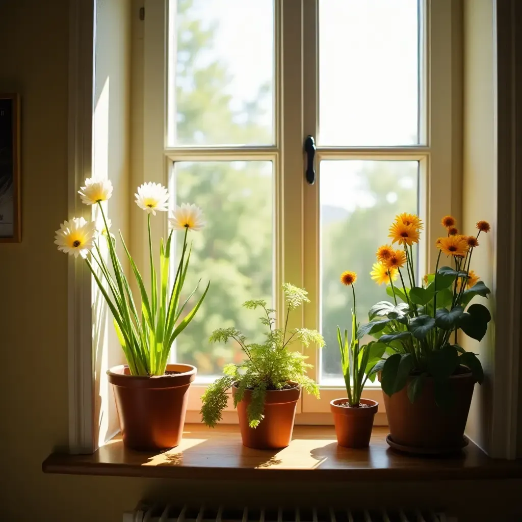 a photo of a sunny window sill with flowering plants