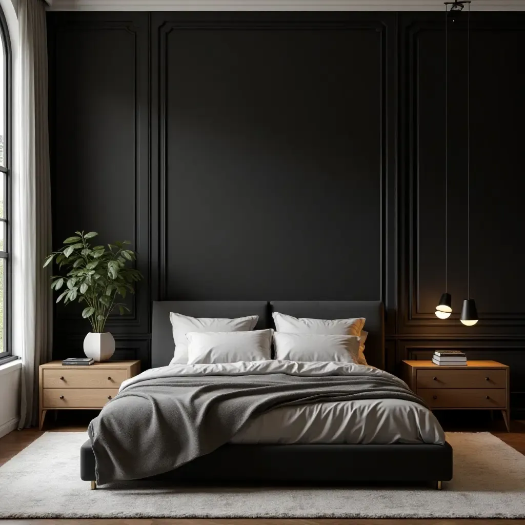 a photo of a contemporary black and gold bedroom with sleek furniture