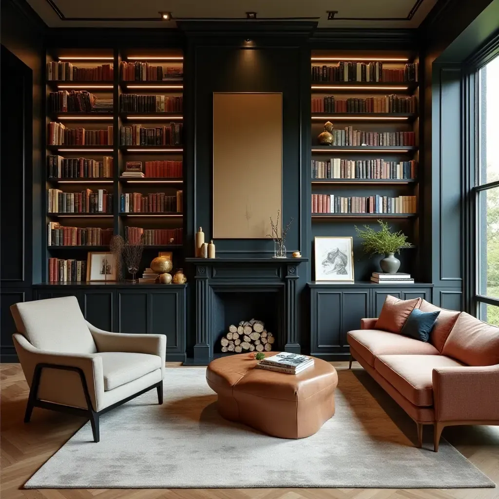 a photo of a chic library with a mix of modern and vintage furniture