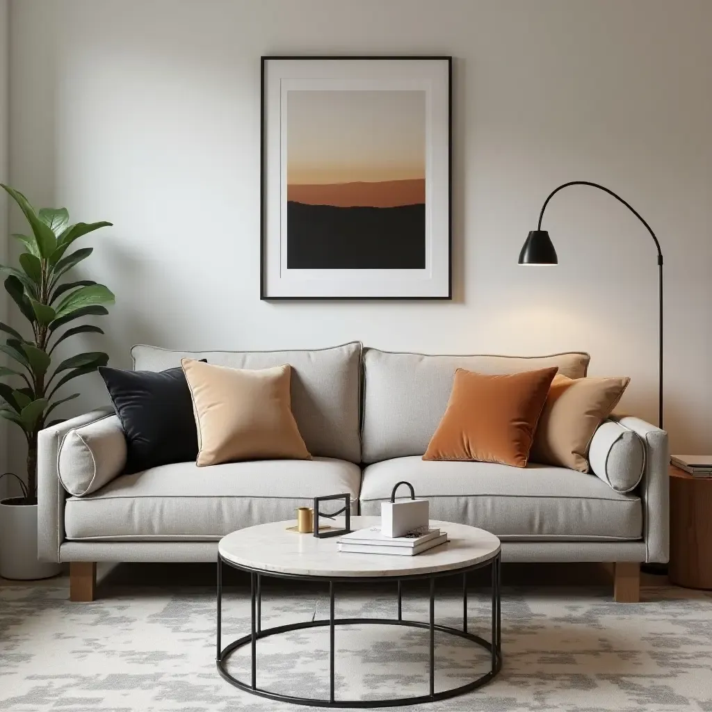 a photo of a stylish living room with contrasting throw pillows on a chic couch