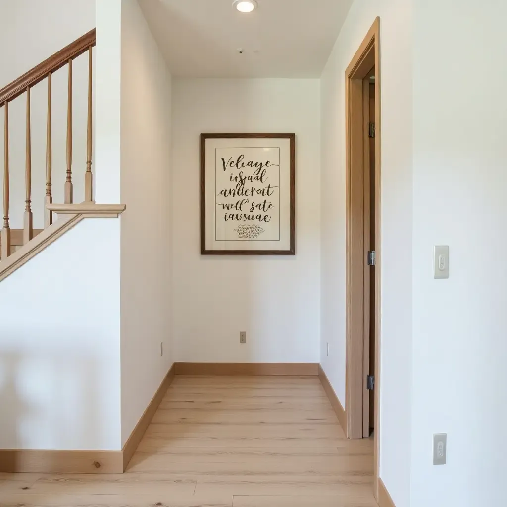 a photo of a basement hallway decorated with farmhouse-inspired wall art