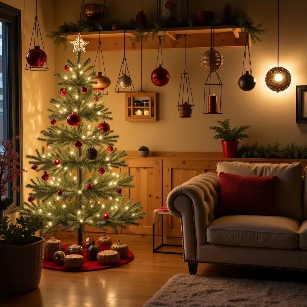 a photo of a basement holiday decoration corner with DIY ornaments