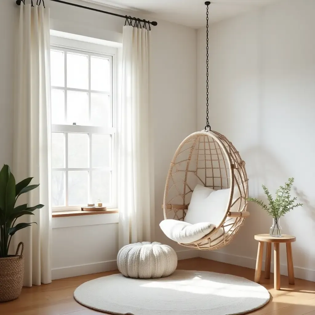 a photo of a nursery with a hanging swing chair as a reading nook