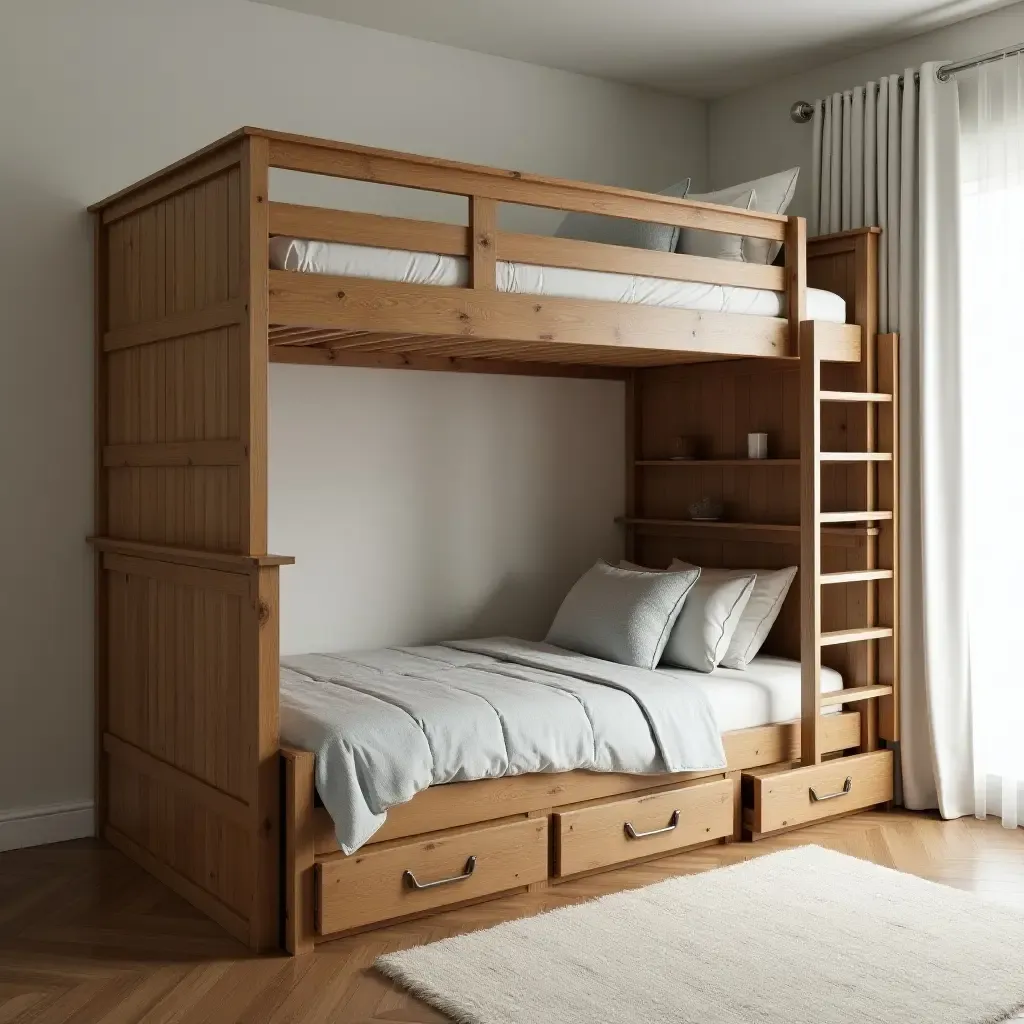 a photo of a rustic loft bed with built-in storage underneath